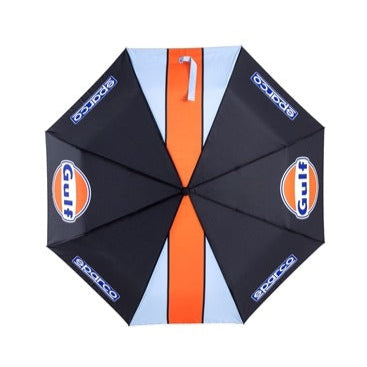 Top view of open Sparco Gulf Foldable Umbrella in black, orange, and blue with Gulf and Sparco logos-image